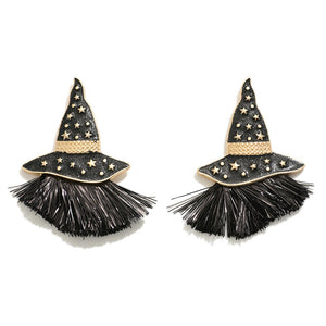 Glitter Resin Inlay Witches Hat Drop Earring With Metallic Tassel Detail