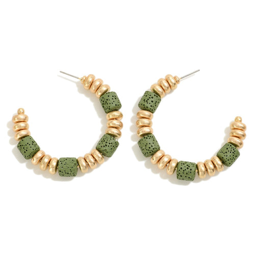 Beaded Drop Hoop Earring Featuring Dimpled Wood Bead Accents