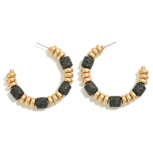 Beaded Drop Hoop Earring Featuring Dimpled Wood Bead Accents