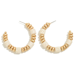 Beaded Drop Hoop Earring Featuring Dimpled Wood Bead Accents