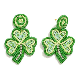 St. Patrick's Day Seed Beaded Clover Drop Earrings