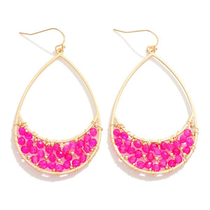 Teardrop Drop Earrings With Wire Wrapped Hot Pink Beaded Details