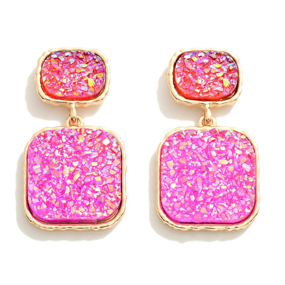 Pink  Druzy Cluster Drop Earrings With Druzy Cluster Stud Posts
