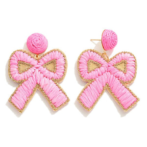 Raffia Pink Bow Earrings With Glitter Border