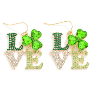 St. Patrick's Day "Love" Clover Drop Earrings With Rhinestone Details