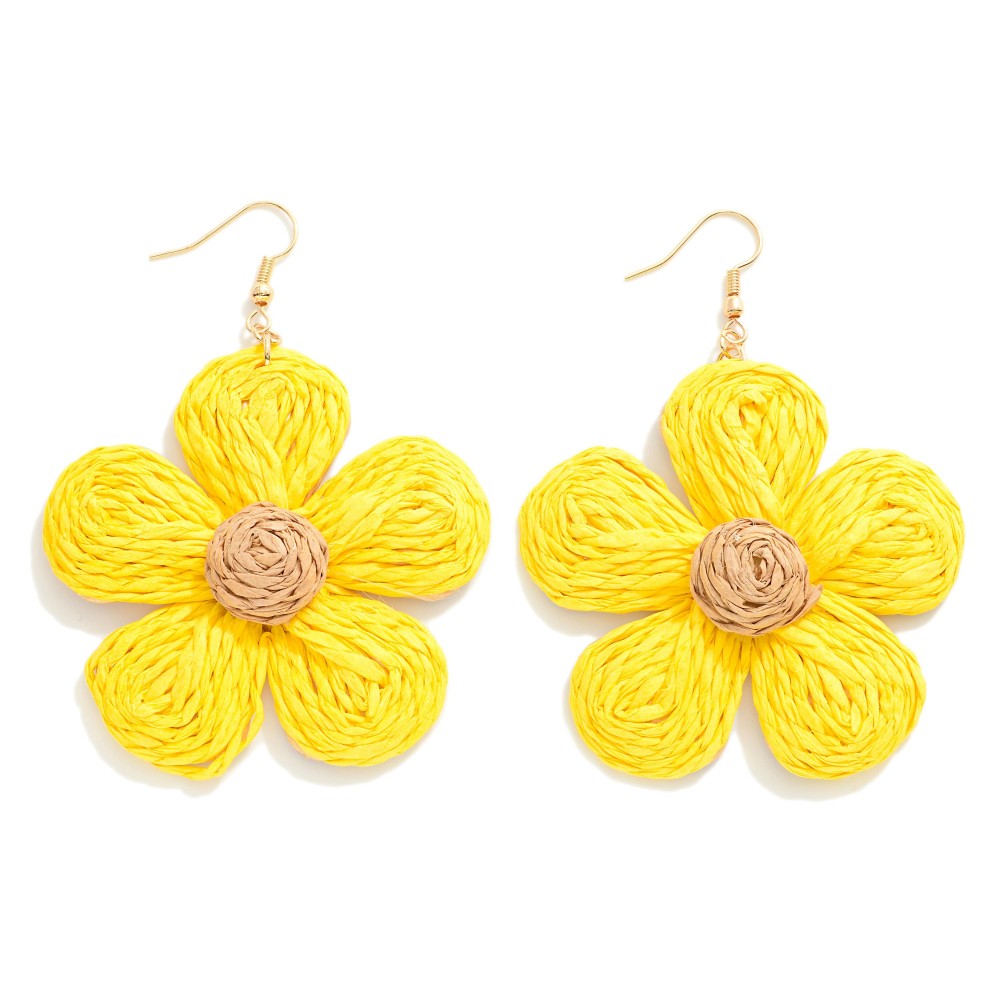 Oversized Yellow Raffia Flower Drop Earrings