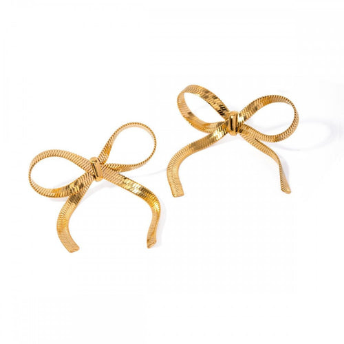 Gold Tone Herringbone Chain Bow Earrings