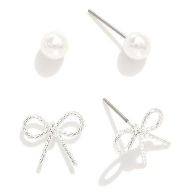 Earring Set Featuring Dainty Silver Tone Bow and Pearl Stud Earrings