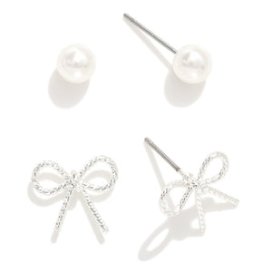Earring Set Featuring Dainty Silver Tone Bow and Pearl Stud Earrings