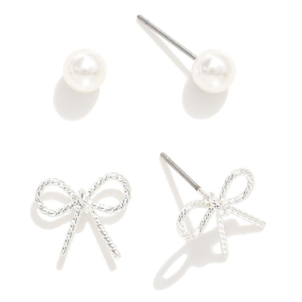 Earring Set Featuring Dainty Silver Tone Bow and Pearl Stud Earrings