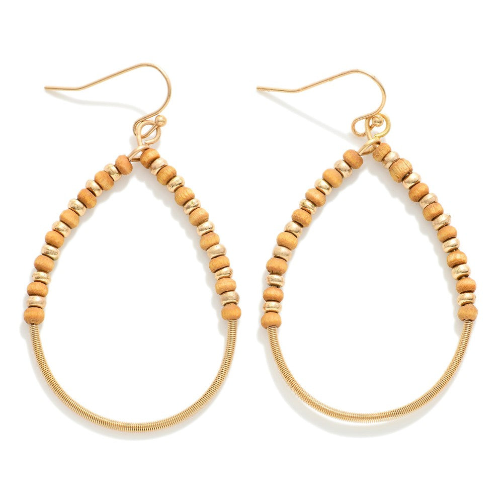 Wood and Metal Beaded Teardrop Drop Earrings