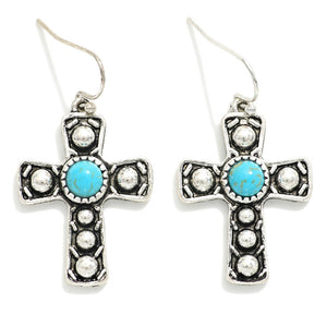 Silver Western Cross Drop Earrings Featuring Turquoise Accent