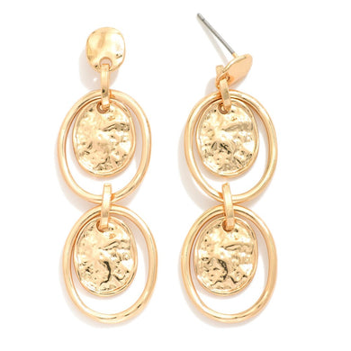 Hoop Post Drop Earrings With Nesting Hammered Metal Oval Accent