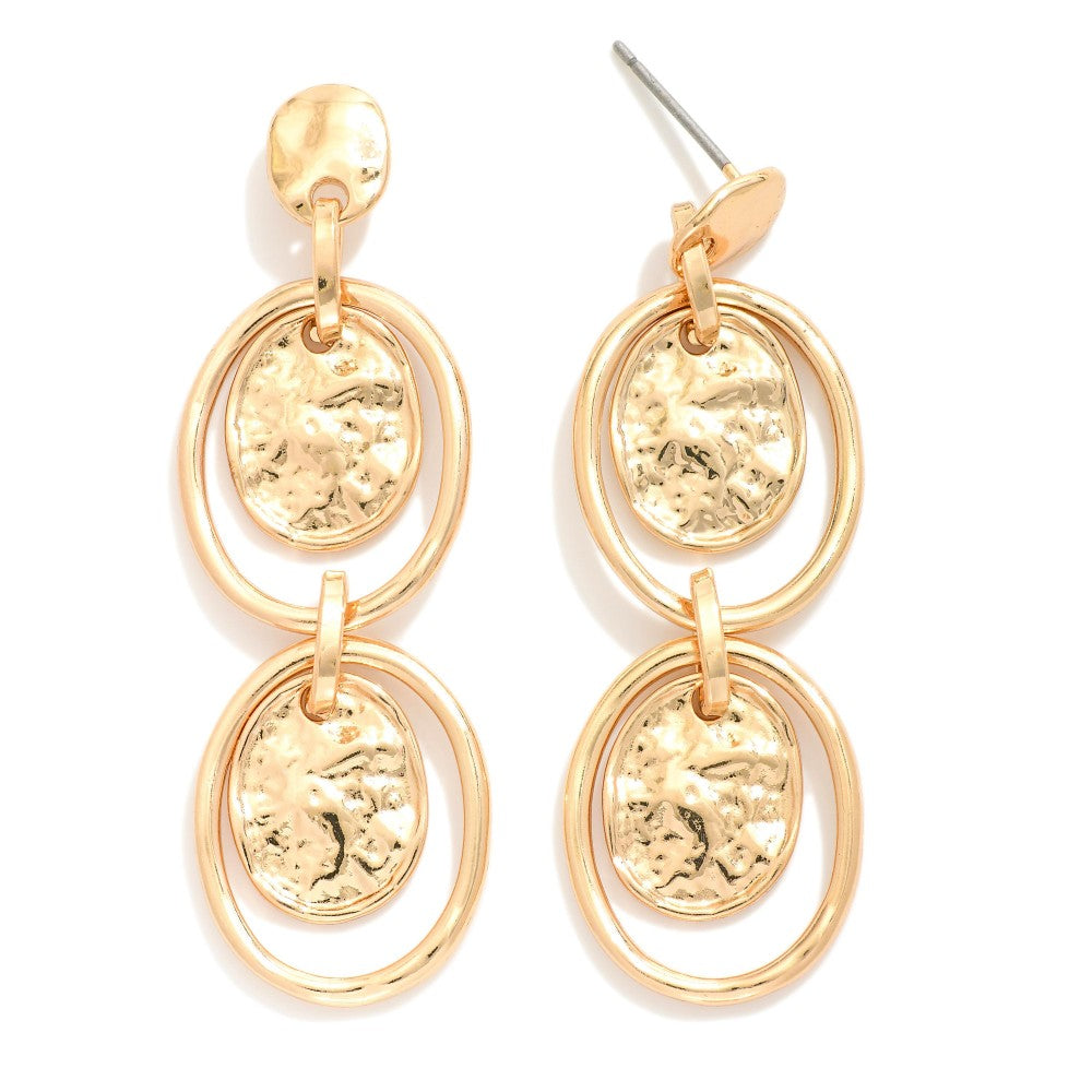 Hoop Post Drop Earrings With Nesting Hammered Metal Oval Accent