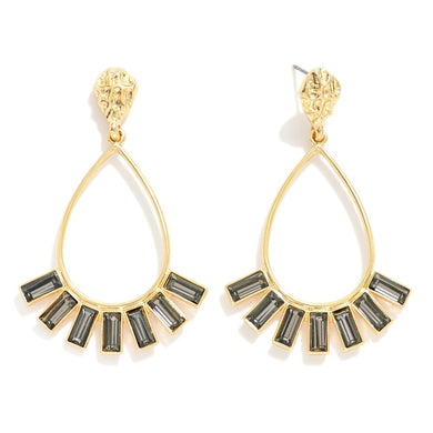 Hammered Metal Post Teardrop Drop Earrings Featuring Square Rhinestone With Metal Tone Border