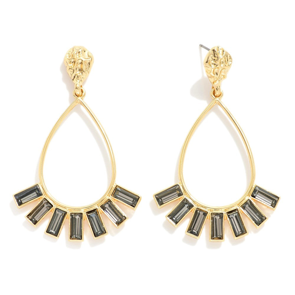 Hammered Metal Post Teardrop Drop Earrings Featuring Square Rhinestone With Metal Tone Border