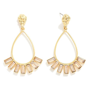 Hammered Metal Post Teardrop Drop Earrings Featuring Square Rhinestone With Metal Tone Border