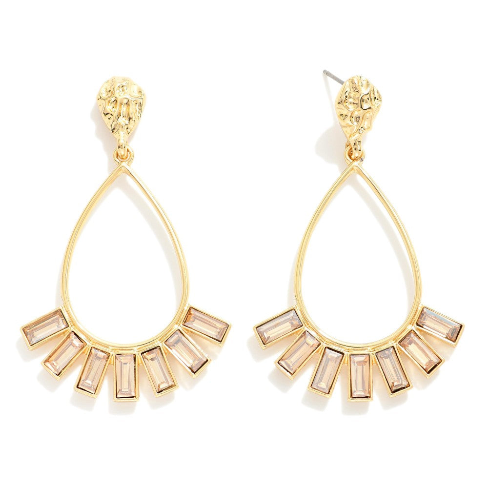 Hammered Metal Post Teardrop Drop Earrings Featuring Square Rhinestone With Metal Tone Border