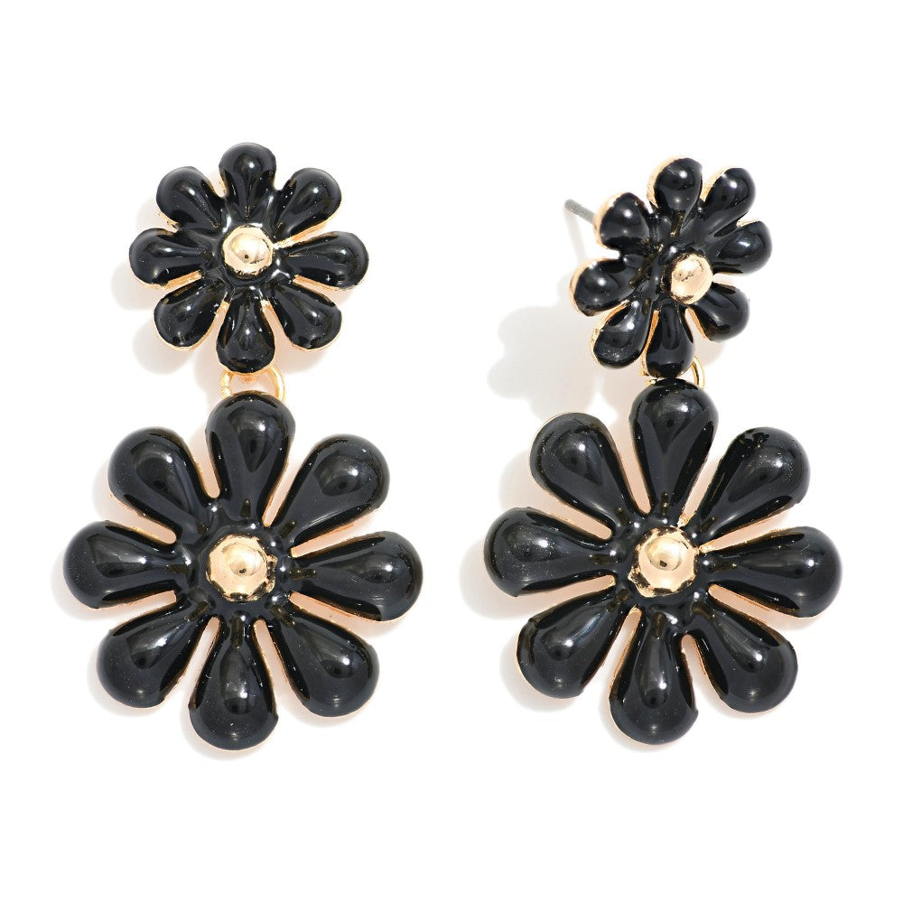 Linked Enamel Flowers Post Drop Earrings