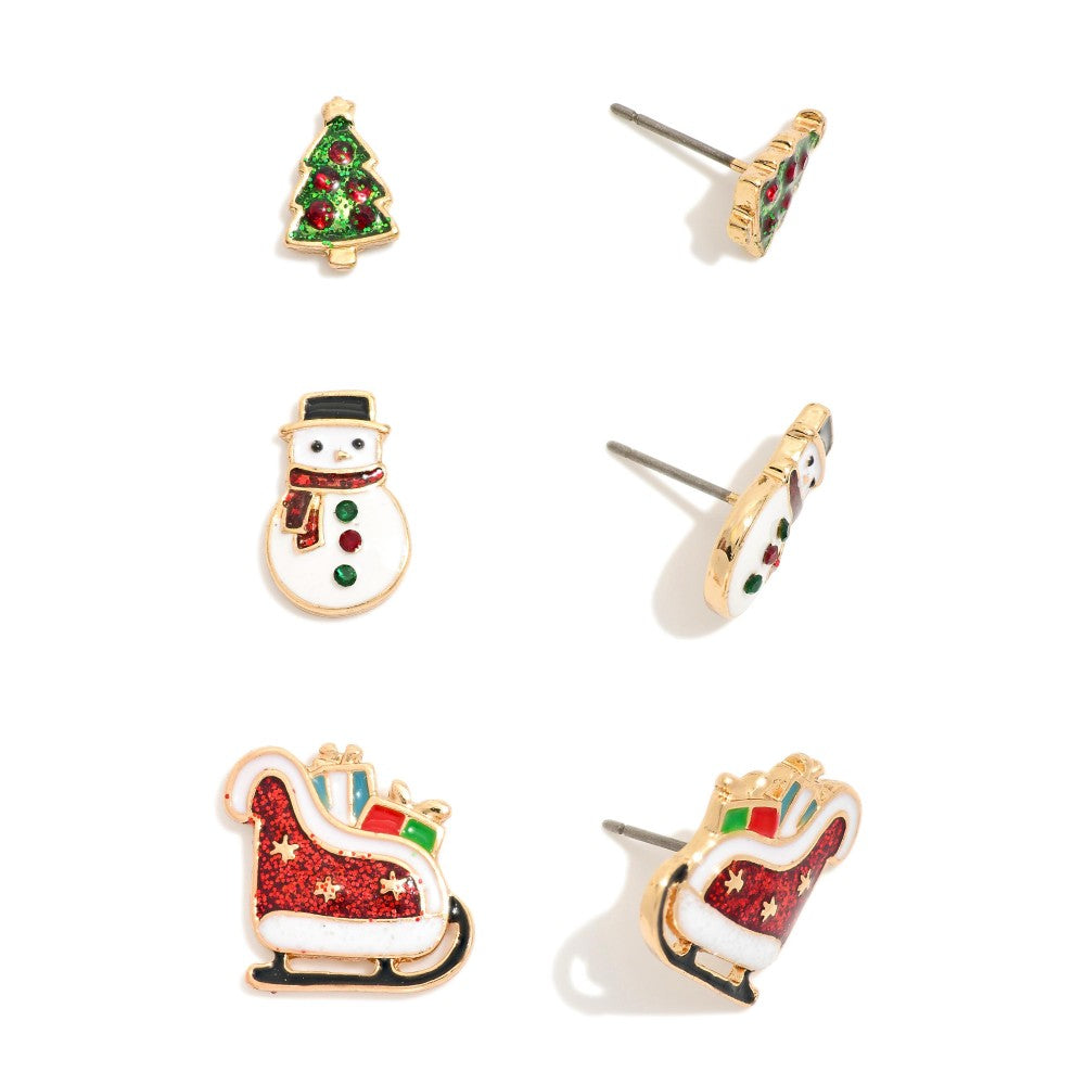 Set Of Three Christmas Stud Earrings Featuring Glitter & Rhinestone Details