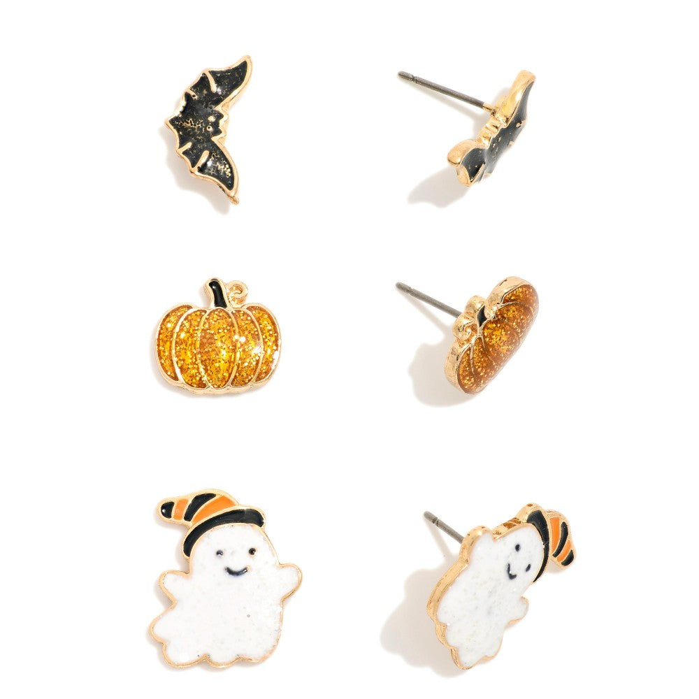 Set Of Three Enamel Halloween Stud Earrings Featuring Glitter Details