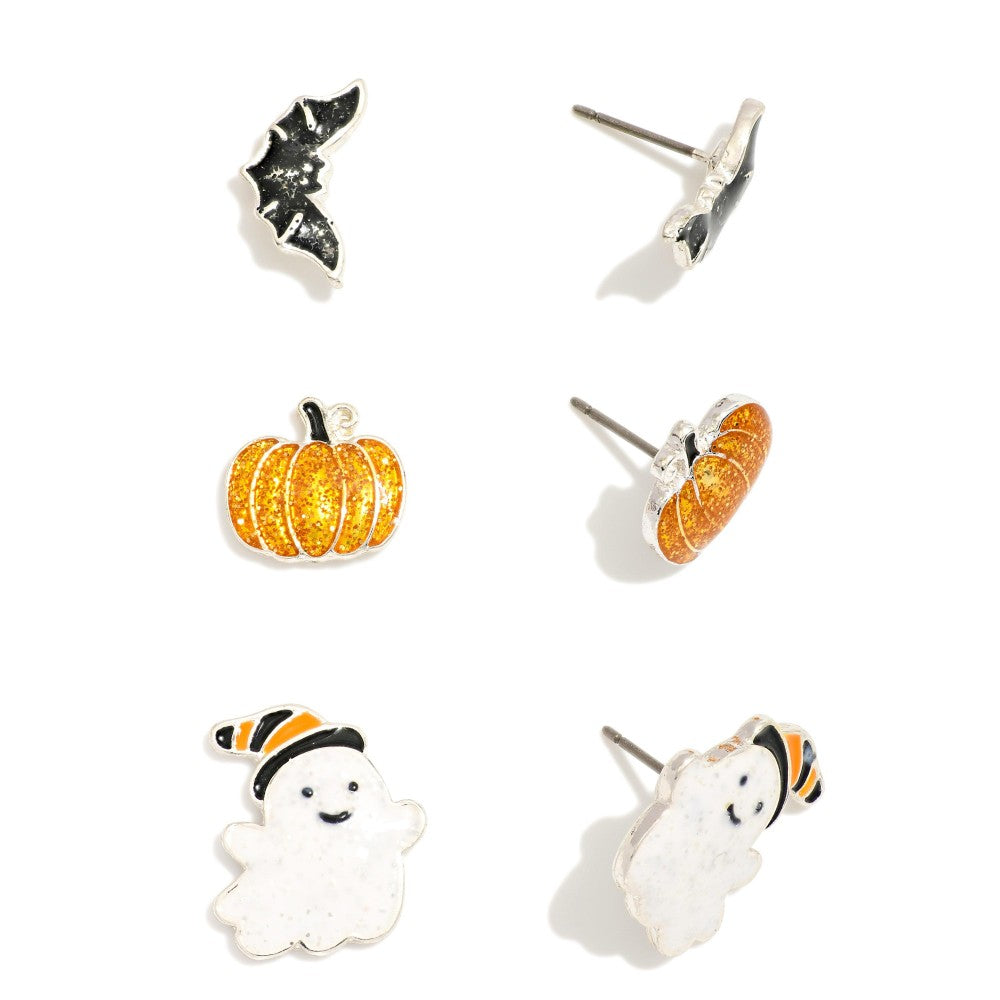 Set Of Three Enamel Halloween Stud Earrings Featuring Glitter Details