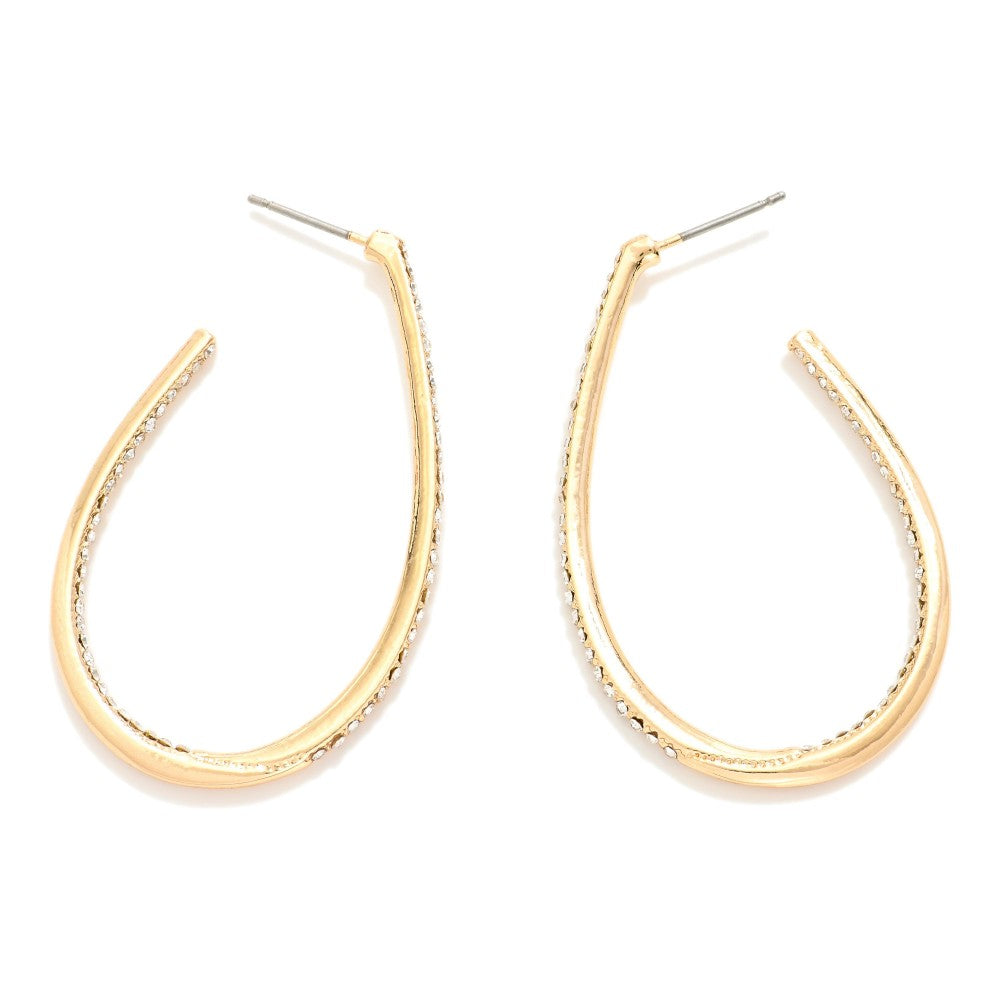 Rhinestone Studded Metal Tone Teardrop Hoop Earrings