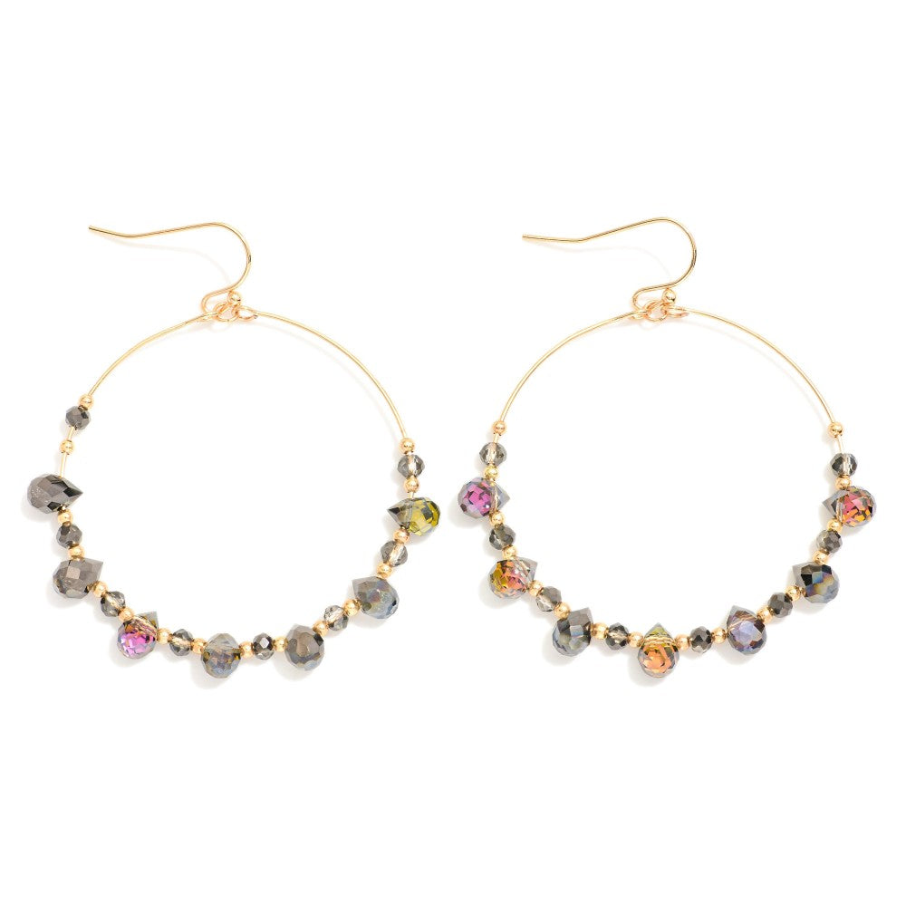 Beaded Wire Hoop Drop Earrings Featuring Glass Crystal Teardrop Beads