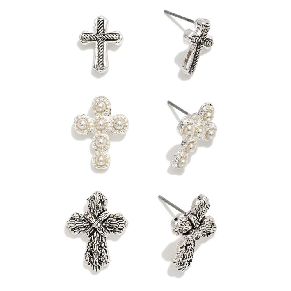 Set Of Three Textured Metal Cross Post Drop Earrings Featuring Pearl Details