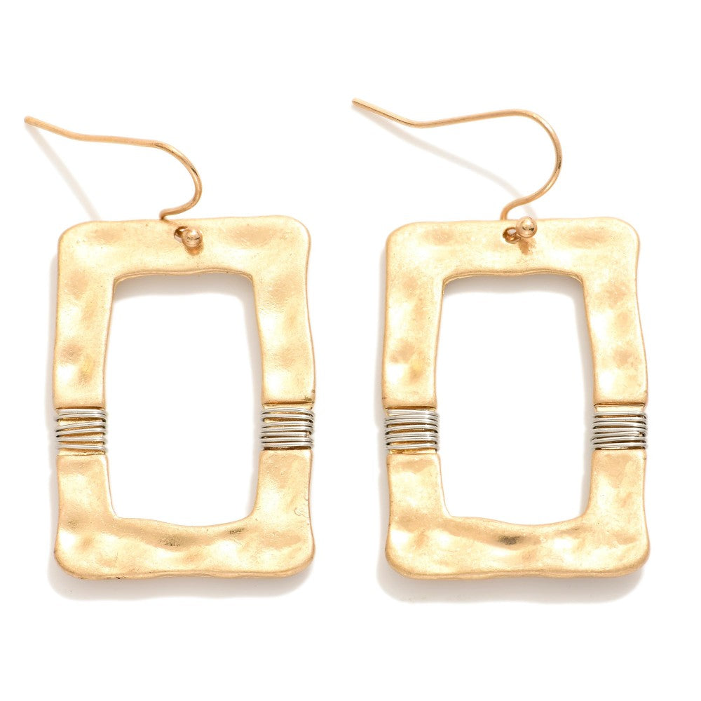 Hammered Metal Rectangle Drop Earrings Featuring Wrapped Wire Accent