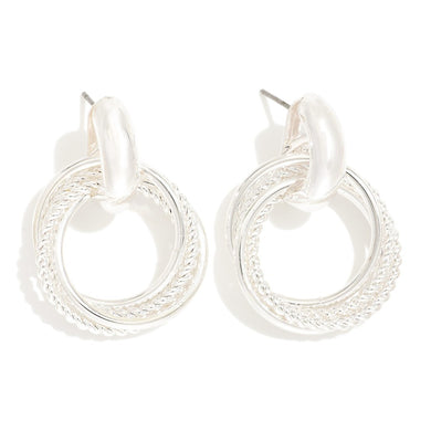 Layered Textured Silver Hoop Door Knocker Post Drop Earrings