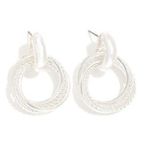 Layered Textured Silver Hoop Door Knocker Post Drop Earrings