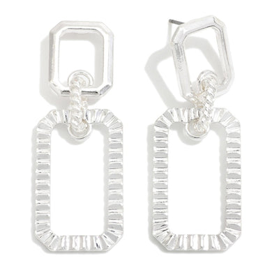 Linked Silver Tone Octagon Drop Earrings Featuring Textured Metal Details