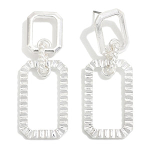 Linked Silver Tone Octagon Drop Earrings Featuring Textured Metal Details