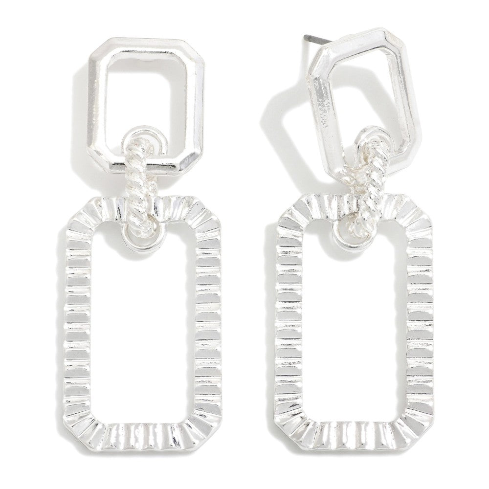 Linked Silver Tone Octagon Drop Earrings Featuring Textured Metal Details