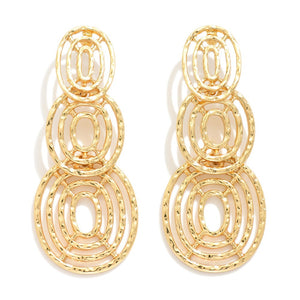 Hammered Gold Tone Linked Cut Out Circles Post Drop Earrings