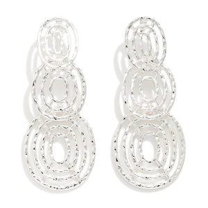 Hammered Silver Tone Linked Cut Out Circles Post Drop Earrings