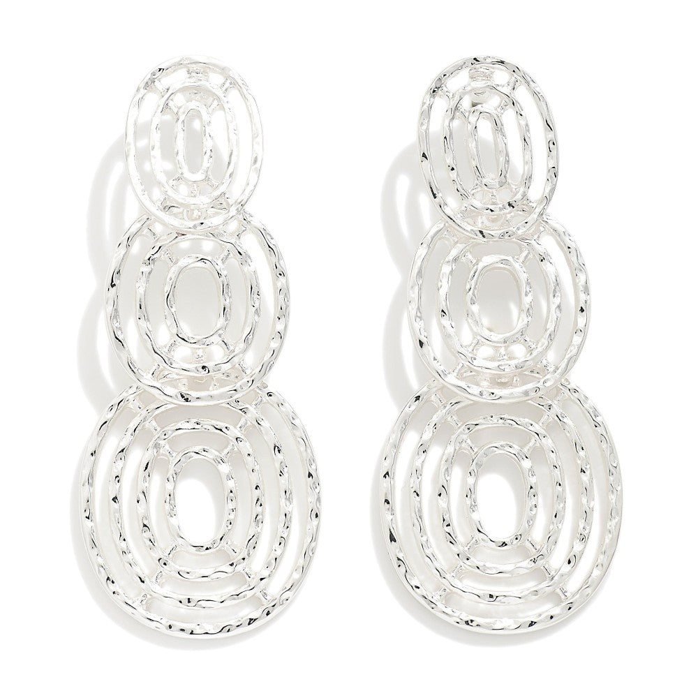Hammered Silver Tone Linked Cut Out Circles Post Drop Earrings
