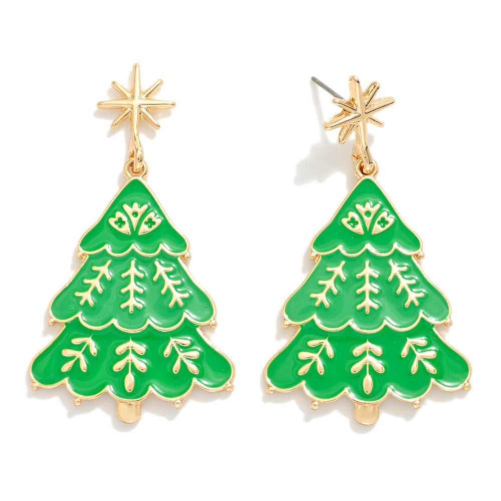Enamel Christmas Tree Post Drop Earrings Featuring Star Post