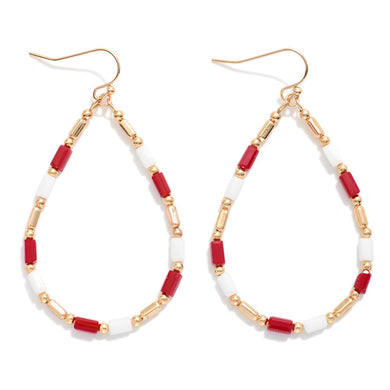Maroon & White Beaded Teardrop Drop Earrings Featuring Glass Crystal & Metal Tones
