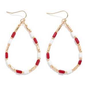Maroon & White Beaded Teardrop Drop Earrings Featuring Glass Crystal & Metal Tones