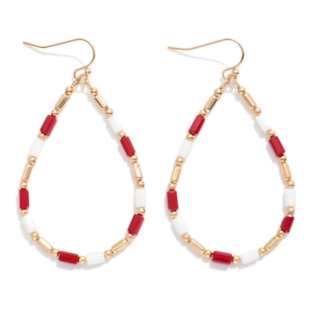 Maroon & White Beaded Teardrop Drop Earrings Featuring Glass Crystal & Metal Tones