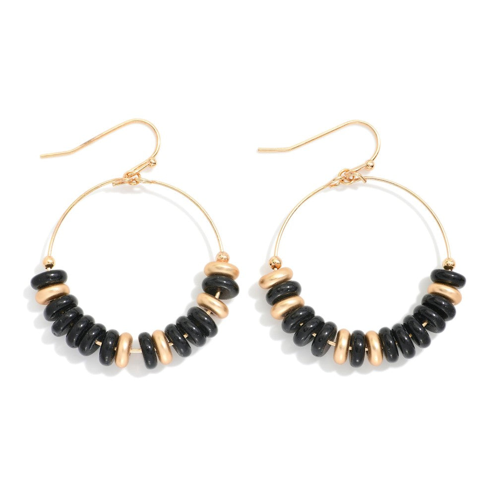 Stone Disk Beaded Hoop Drop Earrings