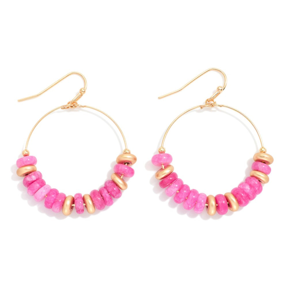 Stone Disk Beaded Hoop Drop Earrings