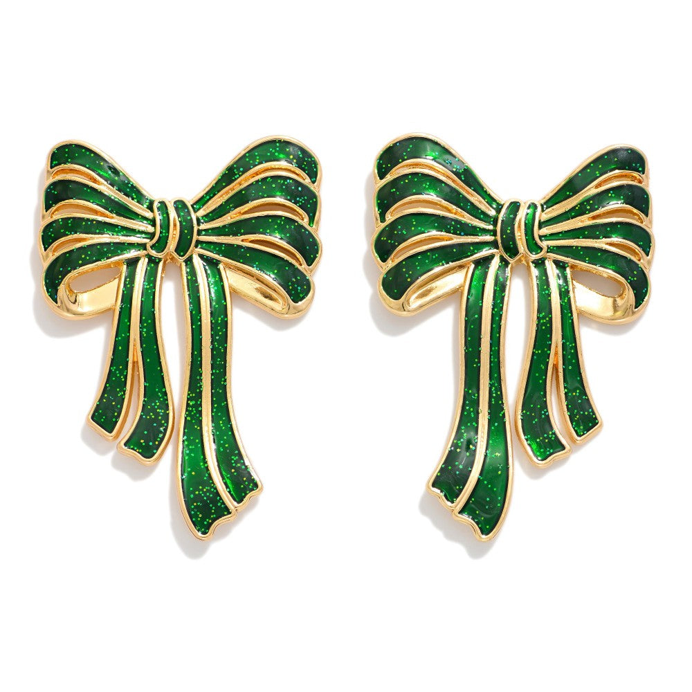 Green Glitter Acetate Bow Post Drop Earrings
