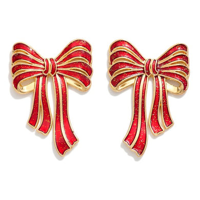 Red  Glitter Acetate Bow Post Drop Earrings