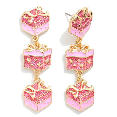 Linked Enamel Christmas Present Post Drop Earrings