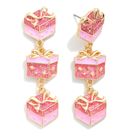 Linked Enamel Christmas Present Post Drop Earrings