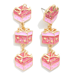 Linked Enamel Christmas Present Post Drop Earrings