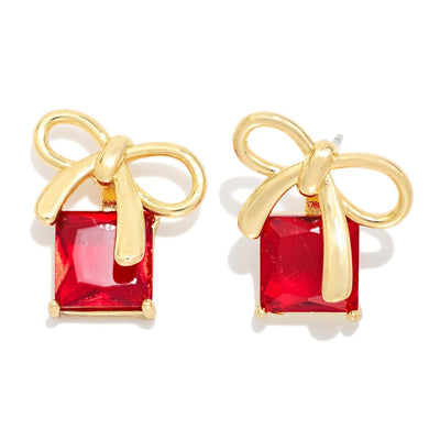 Gold Tone Bow Post Drop Earring Featuring Squared Rhinestone